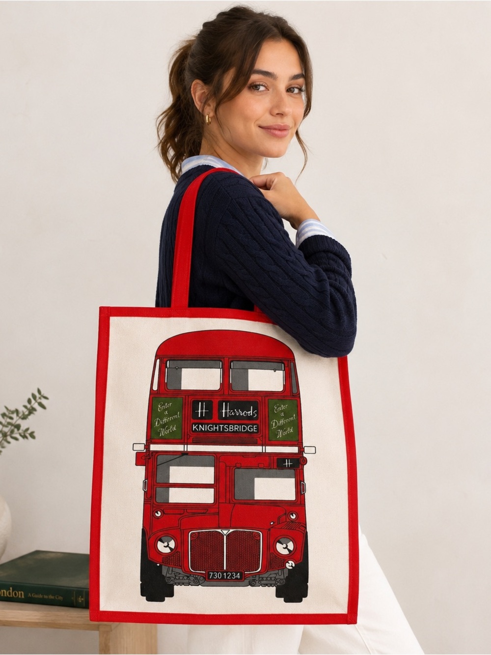 Harrods Knightsbridge London Double Decker Bus Canvas Tote Bag | PVC Coated | ๐ฌ๐ง